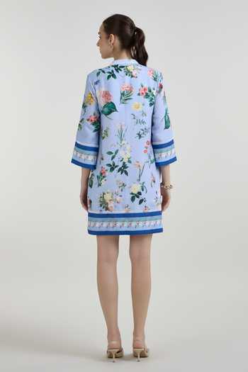 Shop_Sobariko_Blue Linen Mandarin Collar Blaire Floral Print Shift Dress _at_Aza_Fashions