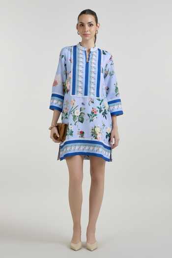 Sobariko_Blue Linen Mandarin Collar Blaire Floral Print Shift Dress _Online_at_Aza_Fashions