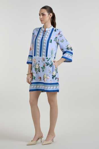 Buy_Sobariko_Blue Linen Mandarin Collar Blaire Floral Print Shift Dress _Online_at_Aza_Fashions