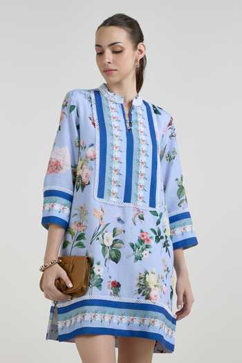 Shop_Sobariko_Blue Linen Mandarin Collar Blaire Floral Print Shift Dress _Online_at_Aza_Fashions