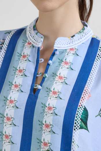 Sobariko_Blue Linen Mandarin Collar Blaire Floral Print Shift Dress _at_Aza_Fashions