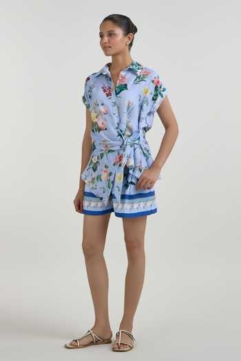 SOBARIKO_Blue Linen Collared , Open Blaire Print Twist-tie Top And Shorts Set _Online_at_Aza_Fashions