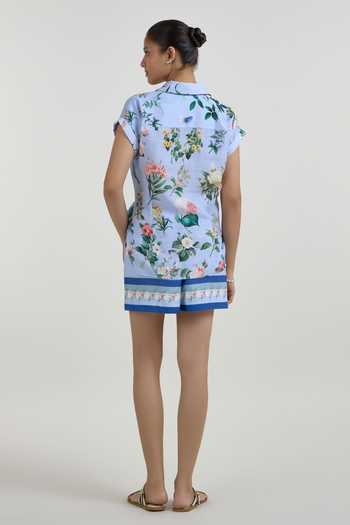 Shop_SOBARIKO_Blue Linen Collared , Open Blaire Print Twist-tie Top And Shorts Set _at_Aza_Fashions
