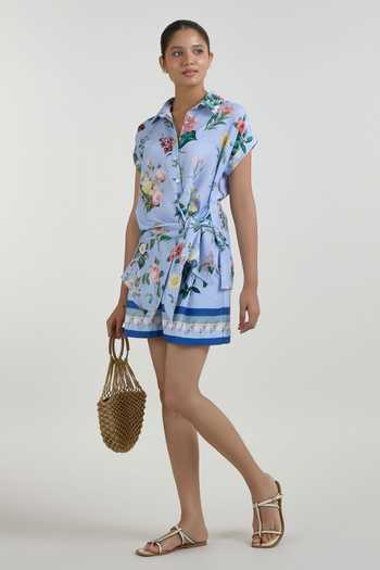Buy_SOBARIKO_Blue Linen Collared , Open Blaire Print Twist-tie Top And Shorts Set _Online_at_Aza_Fashions