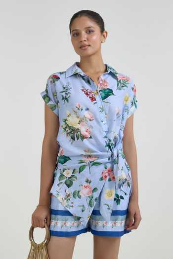 Shop_SOBARIKO_Blue Linen Collared , Open Blaire Print Twist-tie Top And Shorts Set _Online_at_Aza_Fashions