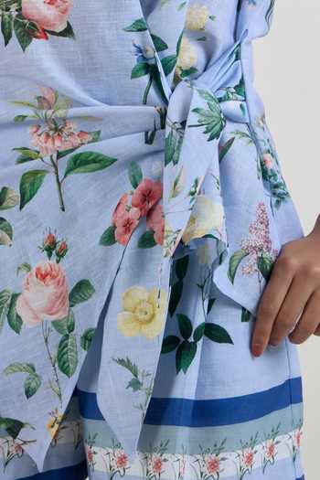 SOBARIKO_Blue Linen Collared , Open Blaire Print Twist-tie Top And Shorts Set _at_Aza_Fashions