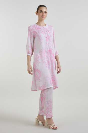 Sobariko_Pink Linen Round Neck Rosia Print Tunic And Pant Set _Online_at_Aza_Fashions