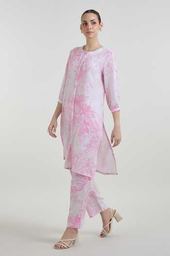 Buy_Sobariko_Pink Linen Round Neck Rosia Print Tunic And Pant Set _Online_at_Aza_Fashions