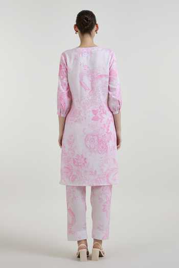 Shop_Sobariko_Pink Linen Round Neck Rosia Print Tunic And Pant Set _at_Aza_Fashions