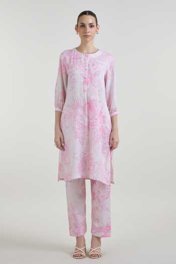 Shop_Sobariko_Pink Linen Round Neck Rosia Print Tunic And Pant Set _Online_at_Aza_Fashions