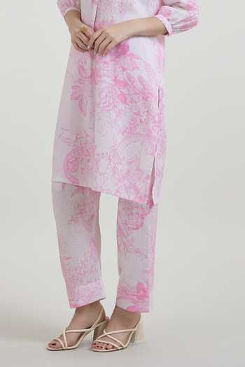 Sobariko_Pink Linen Round Neck Rosia Print Tunic And Pant Set _at_Aza_Fashions