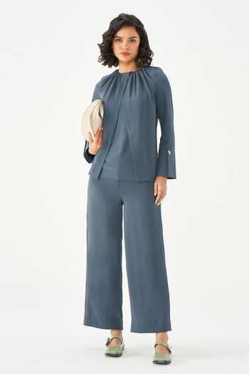 Buy_Notebook_Grey Crepe High Neck Gathered Top And Pant Set _at_Aza_Fashions
