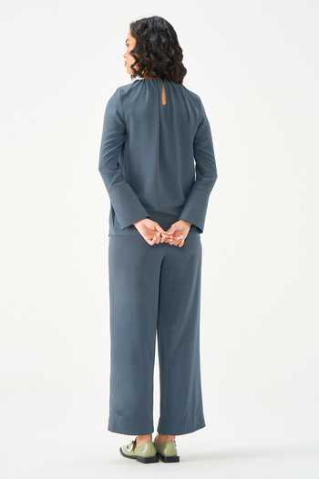 Shop_Notebook_Grey Crepe High Neck Gathered Top And Pant Set _at_Aza_Fashions