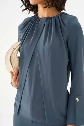 Buy_Notebook_Grey Crepe High Neck Gathered Top And Pant Set _Online_at_Aza_Fashions