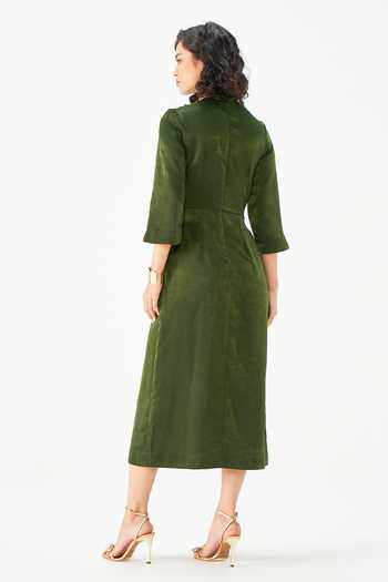 Shop_NOTEBOOK_Olive Green Viscose High Neck Grace Draped Dress _at_Aza_Fashions