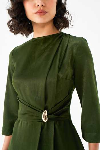 NOTEBOOK_Olive Green Viscose High Neck Grace Draped Dress _Online_at_Aza_Fashions