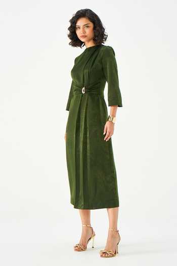 Buy_NOTEBOOK_Olive Green Viscose High Neck Grace Draped Dress _Online_at_Aza_Fashions