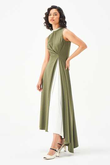 NOTEBOOK_White Rayon High Neck Freya Color Block Dress _Online_at_Aza_Fashions