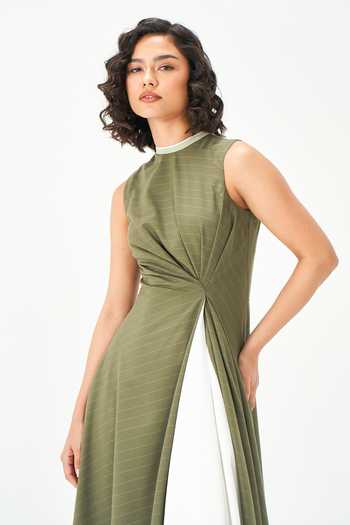 Buy_NOTEBOOK_White Rayon High Neck Freya Color Block Dress _Online_at_Aza_Fashions