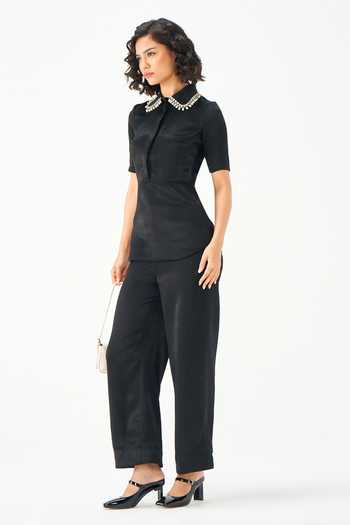 NOTEBOOK_Black Viscose Collared Neck Delia Pearl Embellished Top With Pant _Online_at_Aza_Fashions