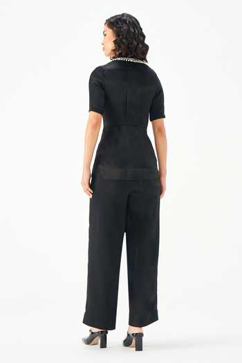 Shop_NOTEBOOK_Black Viscose Collared Neck Delia Pearl Embellished Top With Pant _at_Aza_Fashions