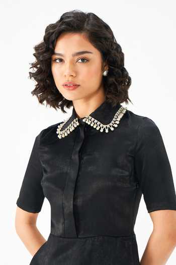 Shop_NOTEBOOK_Black Viscose Collared Neck Delia Pearl Embellished Top With Pant _Online_at_Aza_Fashions