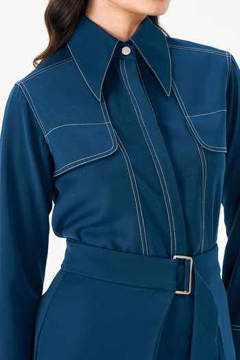 NOTEBOOK_Teal Crepe Collared Neck Meshael Contrast Stitch Jacket Skirt Set _Online_at_Aza_Fashions