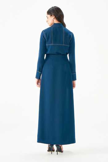 Shop_NOTEBOOK_Teal Crepe Collared Neck Meshael Contrast Stitch Jacket Skirt Set _at_Aza_Fashions