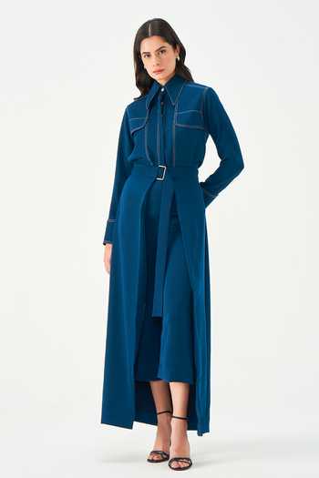 Buy_NOTEBOOK_Teal Crepe Collared Neck Meshael Contrast Stitch Jacket Skirt Set _at_Aza_Fashions