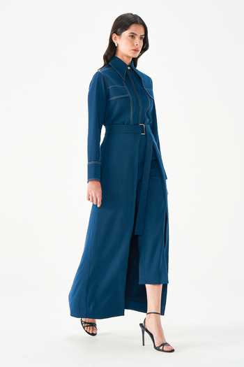 Buy_NOTEBOOK_Teal Crepe Collared Neck Meshael Contrast Stitch Jacket Skirt Set _Online_at_Aza_Fashions