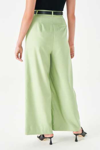Shop_NOTEBOOK_Green Rayon Peyton Pleated Pant _at_Aza_Fashions