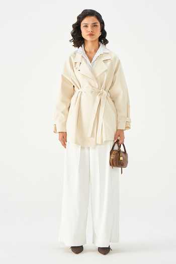 NOTEBOOK_Beige Polyester Collared Neck Kennedy Trench Blend Jacket And Belt Set _Online_at_Aza_Fashions