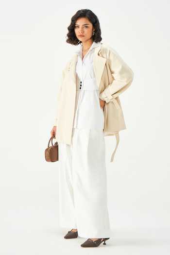Buy_NOTEBOOK_Beige Polyester Collared Neck Kennedy Trench Blend Jacket And Belt Set _Online_at_Aza_Fashions