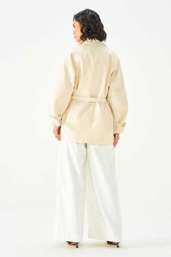 Shop_NOTEBOOK_Beige Polyester Collared Neck Kennedy Trench Blend Jacket And Belt Set _at_Aza_Fashions