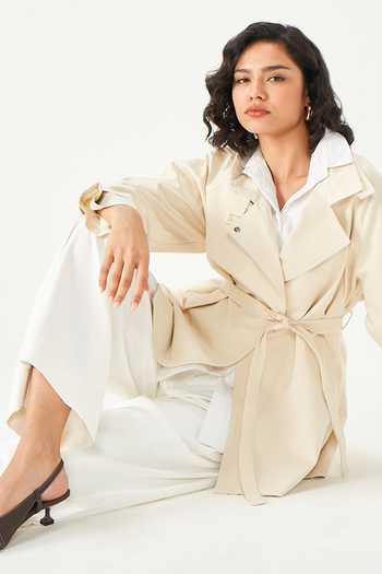 Shop_NOTEBOOK_Beige Polyester Collared Neck Kennedy Trench Blend Jacket And Belt Set _Online_at_Aza_Fashions