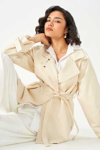 NOTEBOOK_Beige Polyester Collared Neck Kennedy Trench Blend Jacket And Belt Set _at_Aza_Fashions
