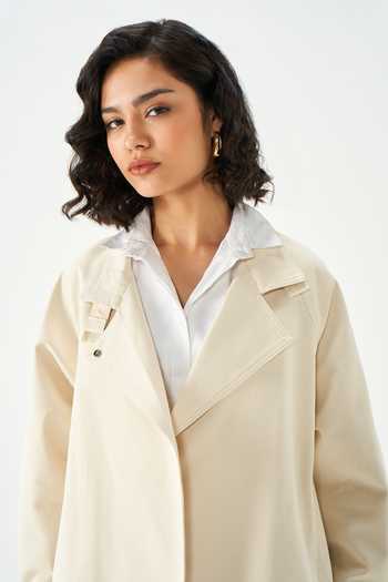 Buy_NOTEBOOK_Beige Polyester Collared Neck Kennedy Trench Blend Jacket And Belt Set 