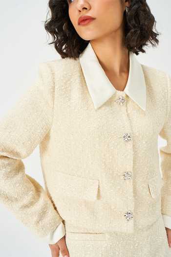 NOTEBOOK_Cream Tweed Collared Neck Lawrence Tailored Jacket And Skirt Set _Online_at_Aza_Fashions