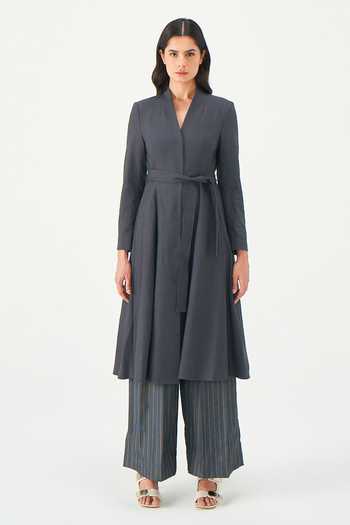 NOTEBOOK_Grey Rayon, Terrycloth V-neck Giselle Longline Jacket And Belt Set _Online_at_Aza_Fashions