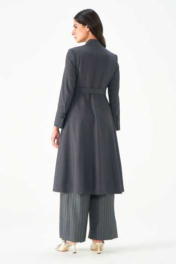 Shop_NOTEBOOK_Grey Rayon, Terrycloth V-neck Giselle Longline Jacket And Belt Set _at_Aza_Fashions