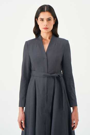 Buy_NOTEBOOK_Grey Rayon, Terrycloth V-neck Giselle Longline Jacket And Belt Set _Online_at_Aza_Fashions