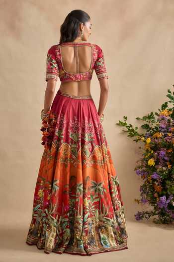 Shop_Kalista_Red , Saranya Hand Embroidered Tropical Print Lehenga Set _at_Aza_Fashions