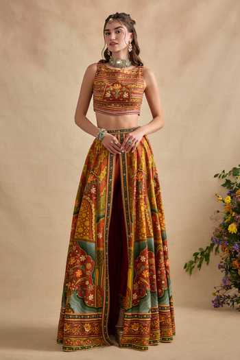 Buy_Kalista_Multi Color Silk, Viscose High Neck Eshani Hand Painted Top With Pant _at_Aza_Fashions