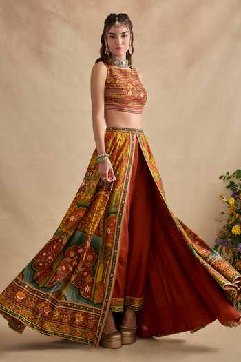 Buy_Kalista_Multi Color Silk, Viscose High Neck Eshani Hand Painted Top With Pant _Online_at_Aza_Fashions