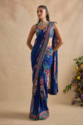 Buy_Kalista_Blue Georgette, Scoop Aashna Floral Pattern Pre-draped Saree Set _Online_at_Aza_Fashions