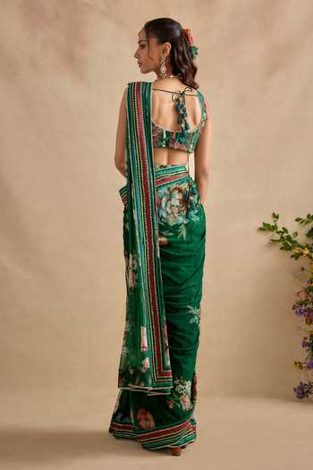 Shop_Kalista_Emerald Green Viscose Georgette, Aashna Floral Print Pre-draped Saree Set _at_Aza_Fashions
