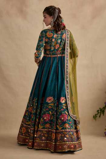 Shop_Kalista_Teal Silk, Viscose, Tulle Round Neck Qudsia Embroidered Anarkali With Dupatta _at_Aza_Fashions