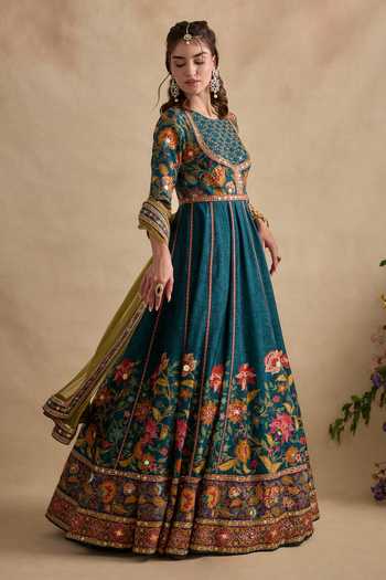 Buy_Kalista_Teal Silk, Viscose, Tulle Round Neck Qudsia Embroidered Anarkali With Dupatta _Online_at_Aza_Fashions
