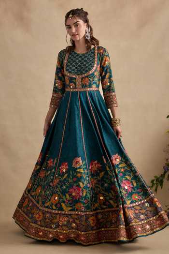 Shop_Kalista_Teal Silk, Viscose, Tulle Round Neck Qudsia Embroidered Anarkali With Dupatta _Online_at_Aza_Fashions