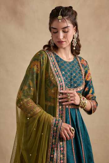 Kalista_Teal Silk, Viscose, Tulle Round Neck Qudsia Embroidered Anarkali With Dupatta _at_Aza_Fashions